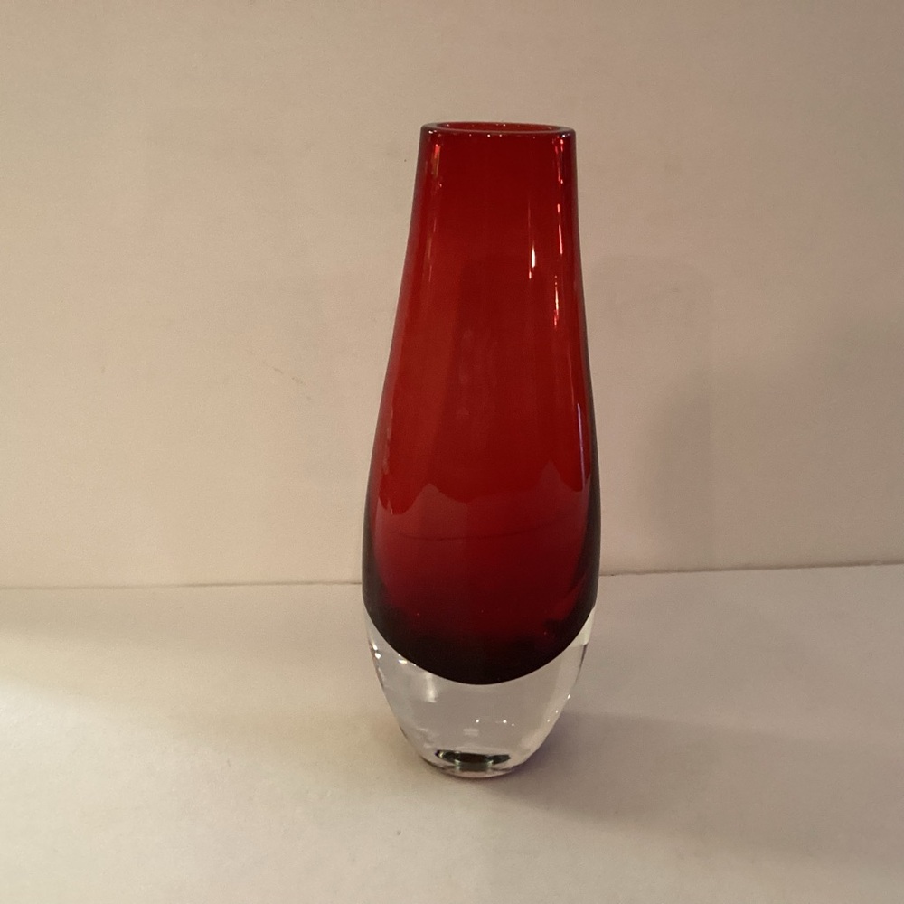 Ruby red vase clear heavy bottom 8 1/2”